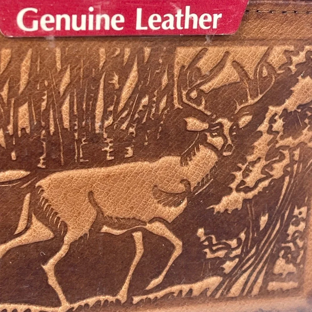 John Weitz VTG Full Grain Leather Bifold Wallet Embossed Deer Brown Billfold NOS